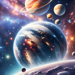 Vast Cosmic Landscape with Planets and Nebulae