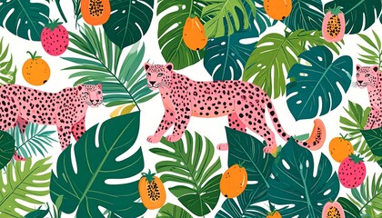 Tropical leopard pattern with fruits and leaves