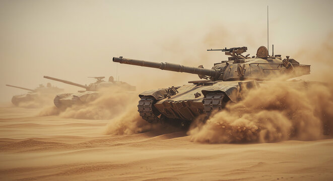Military tanks maneuvering through sandy desert landscape