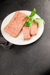 Pate meat peppers pork liver, pork meat riyet fresh delicious gourmet food background on the table rustic food top view copy space