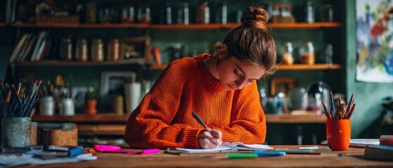The young girl immersed in creativity while writing in a cozy workspace.