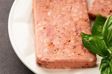 Pate meat peppers pork liver, pork meat riyet fresh delicious gourmet food background on the table rustic food top view copy space