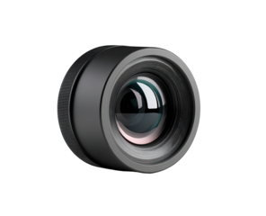 Close-up of a dark-gray camera lens.  Circular, metallic, and detailed.  Glass elements are visible inside
