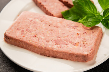 Pate meat peppers pork liver, pork meat riyet fresh delicious gourmet food background on the table rustic food top view copy space