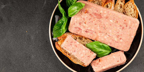 Pate meat peppers pork liver, pork meat riyet fresh delicious gourmet food background on the table rustic food top view copy space