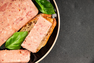 Pate meat peppers pork liver, pork meat riyet fresh delicious gourmet food background on the table rustic food top view copy space