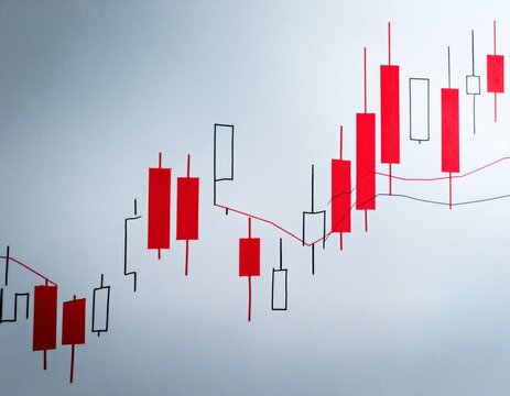 financial candlestick chart with red trend line on light background - Powered by Adobe