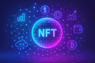 Fototapeta premium Digital Sphere With NFT And Financial Symbols technology blockchain
