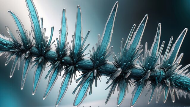 Stunning cryo-EM image: flash-frozen Collinsella exhibits icy crystalline texture, subsurface scattering effects, and soft blue-cyan shadows for a mesmerizing scientific look.