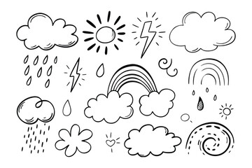 Weather Elements Doodle: A whimsical collection of hand-drawn weather elements including sun, clouds, lightning, rain and rainbow, creating a delightful doodle-style design.
