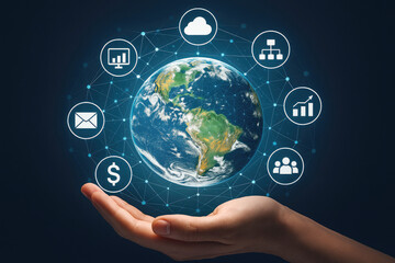 Obraz premium Earth network connection with business icons and human hand globe technology