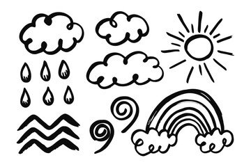 Whimsical Weather Elements: A charming and playful illustration showcases a collection of hand-drawn weather elements, including fluffy clouds, radiant sunshine, raindrops, a vibrant rainbow.