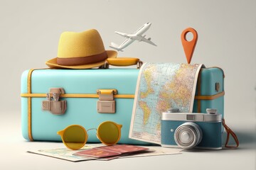 Traveler tourist accessories luggage suitcase sun glasses hat camera passport tickets vacation holidays trip plane map pin. travel concept. 3d rendering.