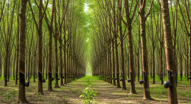 Vast, verdant rubber tree plantation stretching into the horizon, showcasing sustainable agricultural practices for natural latex production and ecological balance
