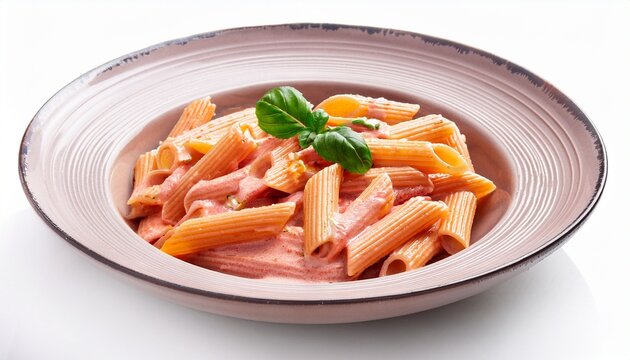 penne al dijon vodka pasta in a pink tomato cream sauce isolated on white background