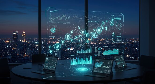 Futuristic boardroom with holographic financial data displays and city skyline at night - Powered by Adobe