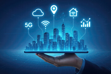 Futuristic city skyline connected by glowing digital icons and data streams held on a tablet