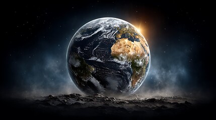 A majestic shot of planet Earth viewed from deep space, surrounded by interstellar gases, distant planets, and countless stars. 