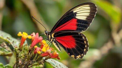 Obraz premium Close-up of a colorful butterfly feeding on a bright wildflower in a sunny meadow with soft natural green background, symbol of pollination and biodiversity in nature