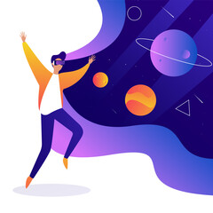 Man in Virtual Reality Headset Exploring a Colorful Space Universe