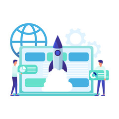 Startup Launch and Digital Marketing Concept with Rocket and Interface
