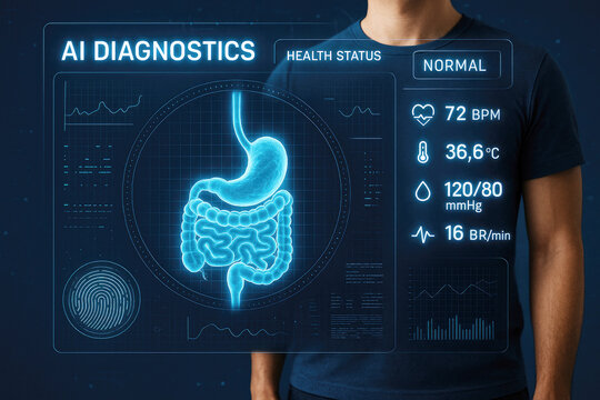 Futuristic digital health scan displaying human digestive system and vital signs