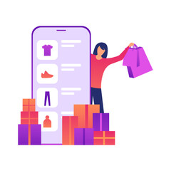 Online Shopping and E-Commerce Concept with Woman and Mobile App