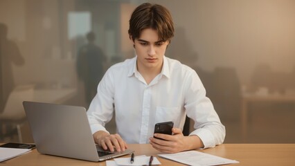 Fototapeta premium A young man in white shirt working at his desk with laptop and smartphone in a bright office space