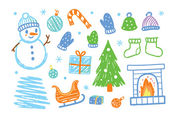 Festive Season Doodles: A collection of charming hand-drawn winter holiday doodles in crayon style, perfect for spreading seasonal cheer.