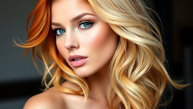 a woman with long, wavy blonde hair and striking blue eyes, looking directly at the camera, HD and 4K image - Powered by Adobe