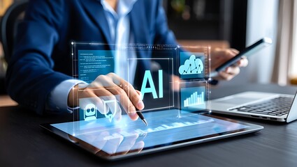 Person using a tablet with glowing ai interface and data visualizations