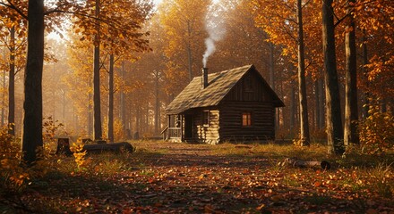 Wooden cabin in autumn forest with fallen leaves