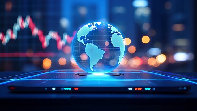 Futuristic holographic globe displaying digital data with stock market graph background