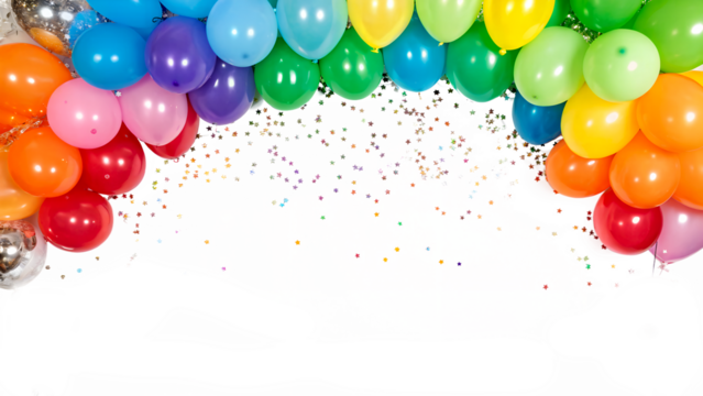 Colorful balloons in a rainbow arch formation with confetti falling against a transparent background. Bright colors include red, orange, yellow, green, blue, and purple.