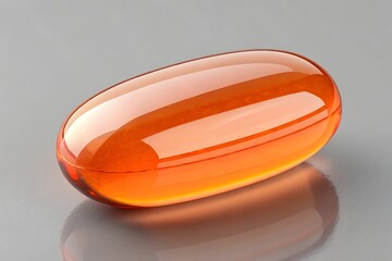 Single orange gel capsule reflecting light on a gray surface