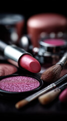 Make up brushes, lipsticks and glitter powder.