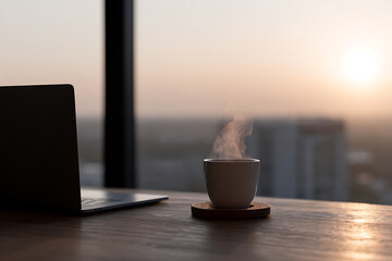 productivity at home, individual at window working on laptop with set limits phone silenced, and hot coffee steaming