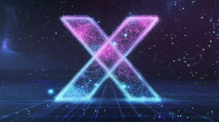 Abstract, glowing pink and blue 'X' formed from connected dots in a starry, geometric field