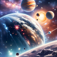 Vast Cosmic Landscape with Planets and Nebulae