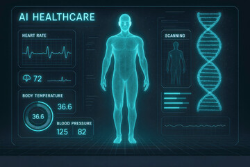 Futuristic medical interface displaying human vitals and dnAImage