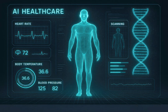 Futuristic medical interface displaying human vitals and dnAImage