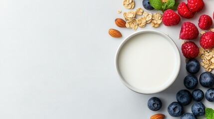 Healthy breakfast with fresh berries almonds oats and milk on white background.