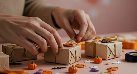 Hand wrapping tiny Halloween gifts