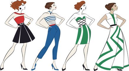 Obraz premium Stylish fashion models. Pretty young girls. Fashion girls Sketch. fashion vector illustration featuring five stylish female models posing confidently in different modern dresses.