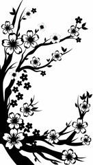 Minimalist black line art of cherry blossom tree – Japanese-style floral design with copy space on white background