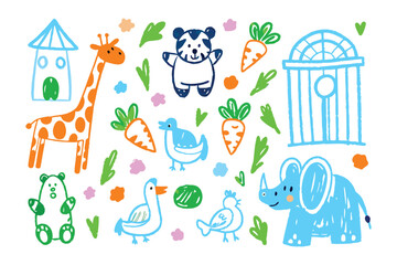 Fototapeta premium Playful Zoo Doodle: A cheerful illustration showcasing an adorable collection of hand-drawn zoo animals and elements. Capturing the spirit of whimsical delight.