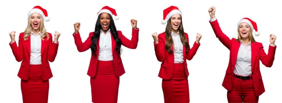 executive woman, ceo, red suit, christmas hat, woman santa claus, business entrepreneur, celebrating, gray background