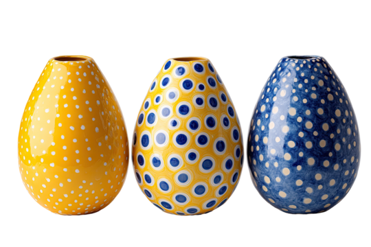 Three ceramic vases in a row,  each ovoid shape with a  dotted and/or polka-dot pattern - Powered by Adobe