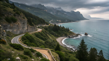 Winding coastal road with dramatic cliffs and ocean views