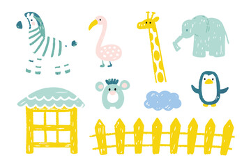 Zoo Animals Illustration: A whimsical illustrated collection of various zoo animals, showcasing a playful and colorful design that would be ideal for children's materials and educational projects. 